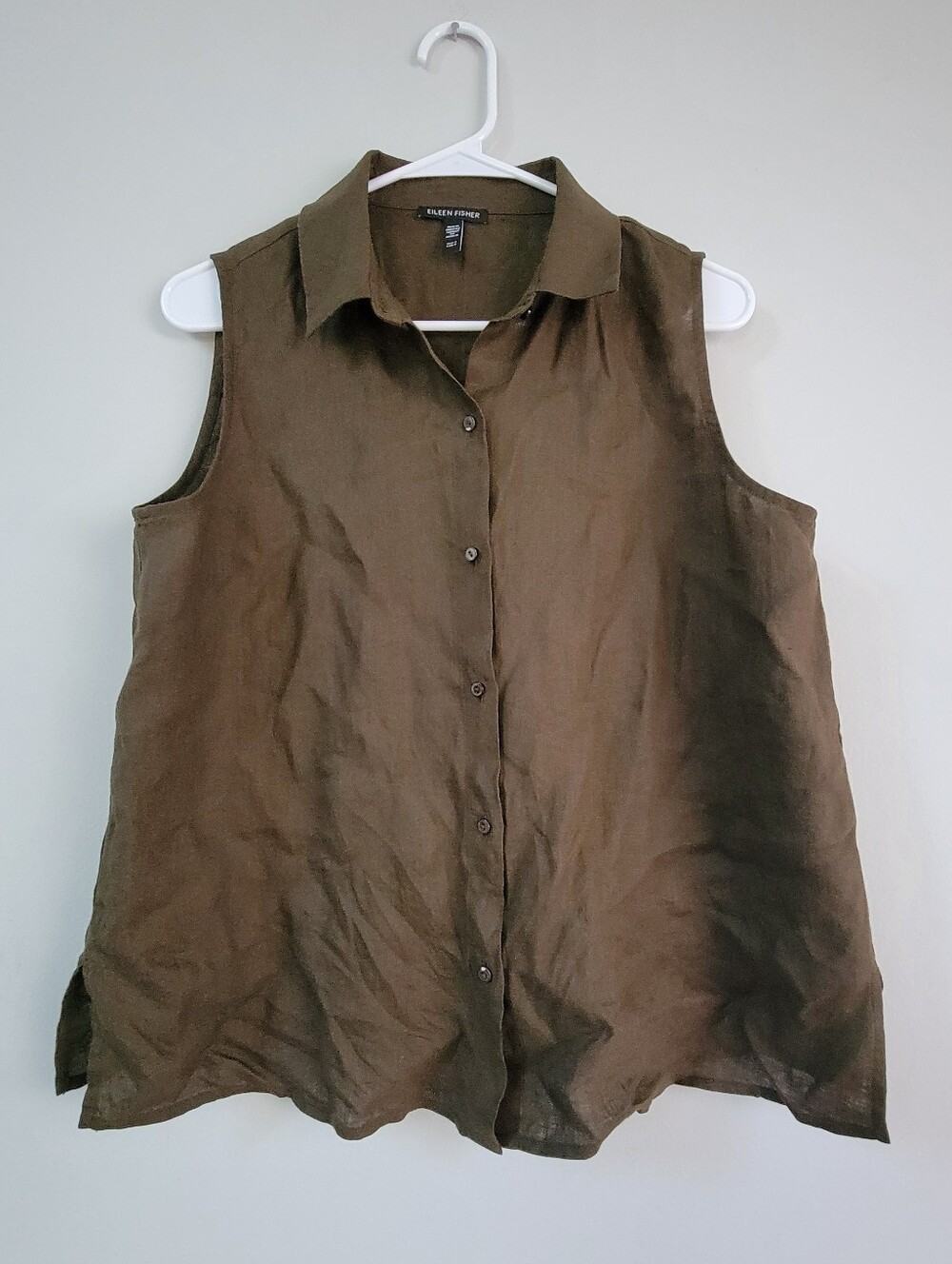 Eileen Fisher Olive Linen Button Up Sleeveless Top Women Size S Minimal Office